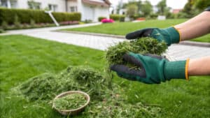 A pair of gloved hands holding freshly cut grass, showing off a healthy lawn. need a weed control service - Watson's Weed Control